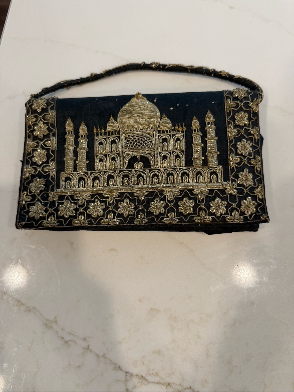Embroidered Vintage Russian Black Evening Clutch with Gold Motif